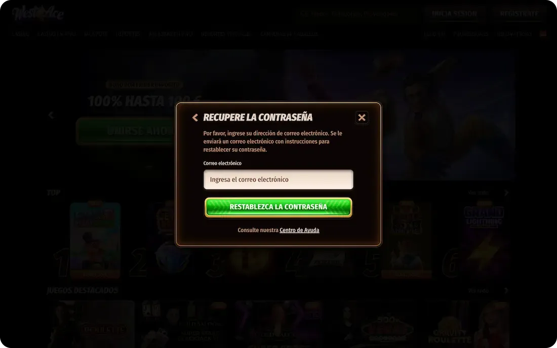 contraseña olvidada del casino westace